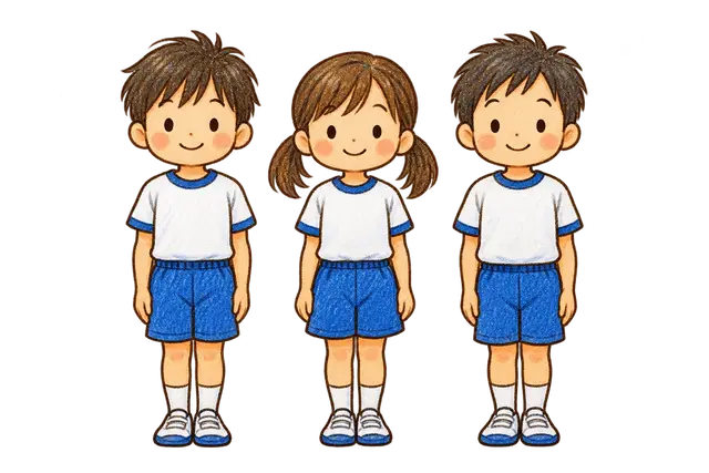 水彩の二学期始業式で整列する児童