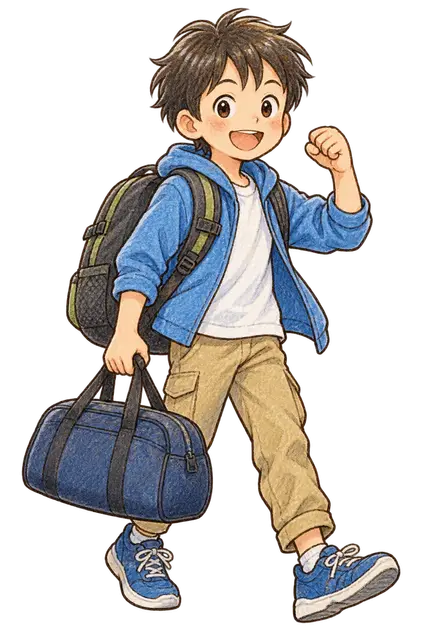 水彩の修学旅行へ出発する高学年