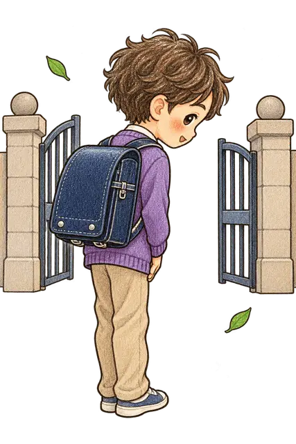 校門であいさつする児童