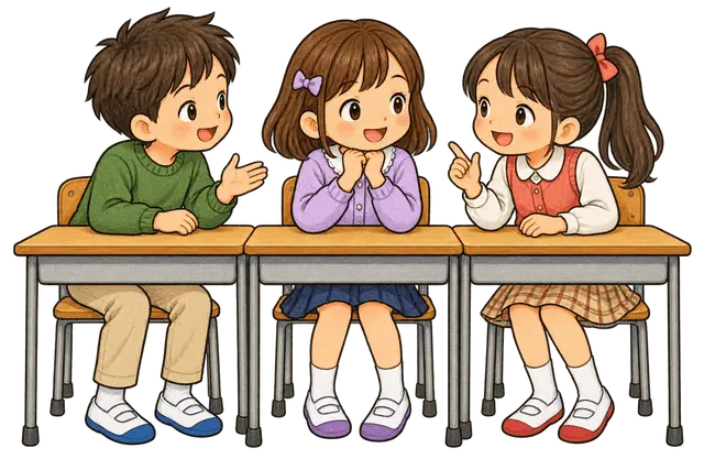 机を寄せて話す児童たち