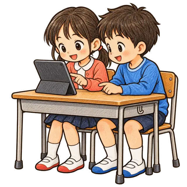 水彩のタブレットを見せ合う二人