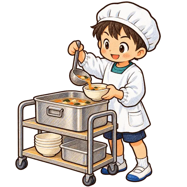 水彩の給食を配膳する児童