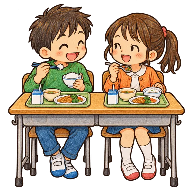 水彩の給食を食べる児童二人