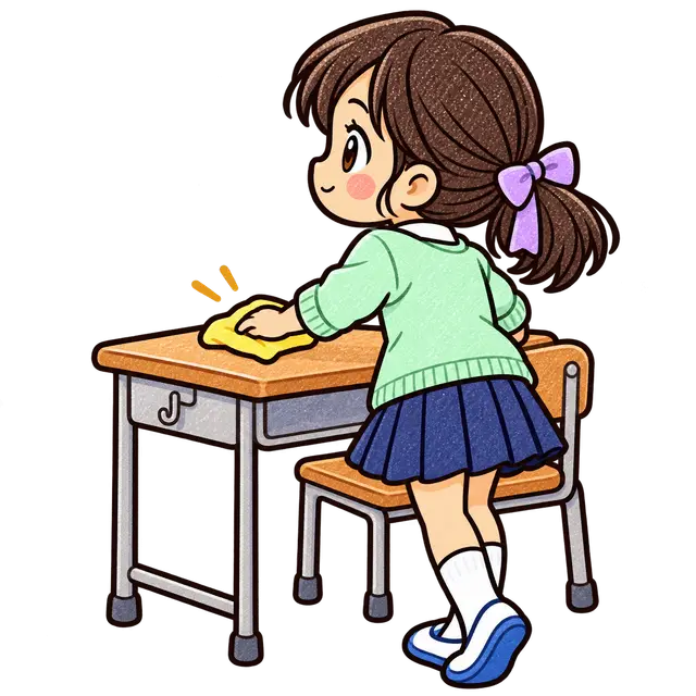 水彩の机を拭く児童