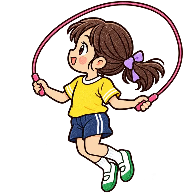 水彩のなわとびをする児童