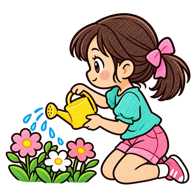 水彩の花に水やりをする児童