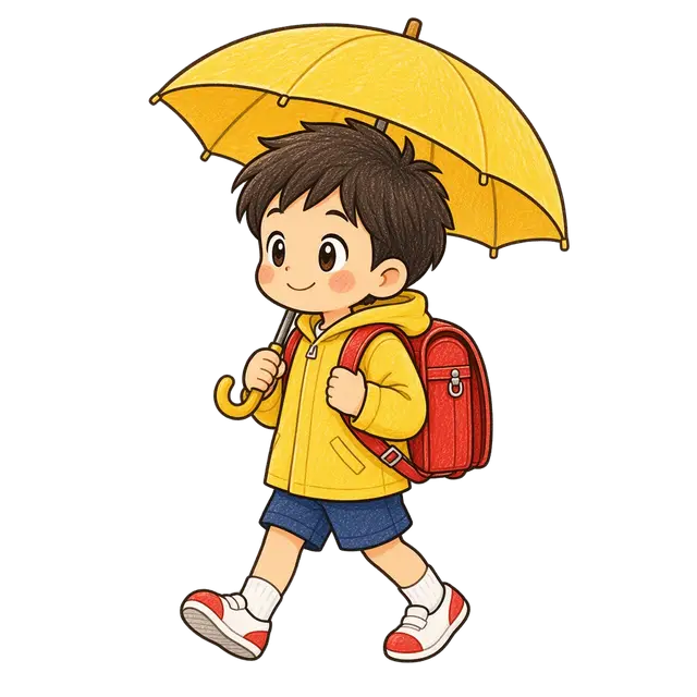 水彩の雨の日に傘で登校する男の子
