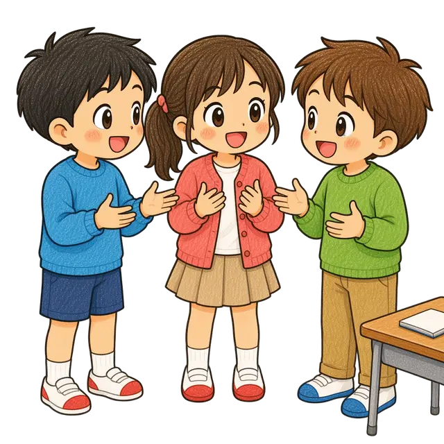 水彩の休み時間に話す児童たち