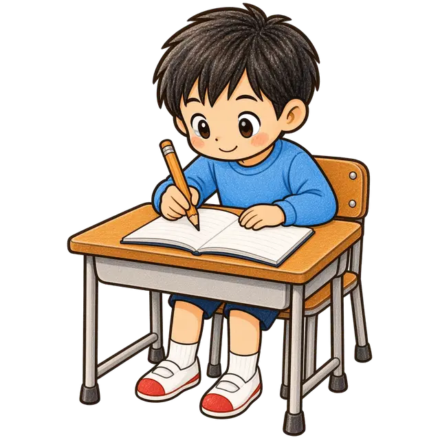 水彩のひらがなを書く男の子