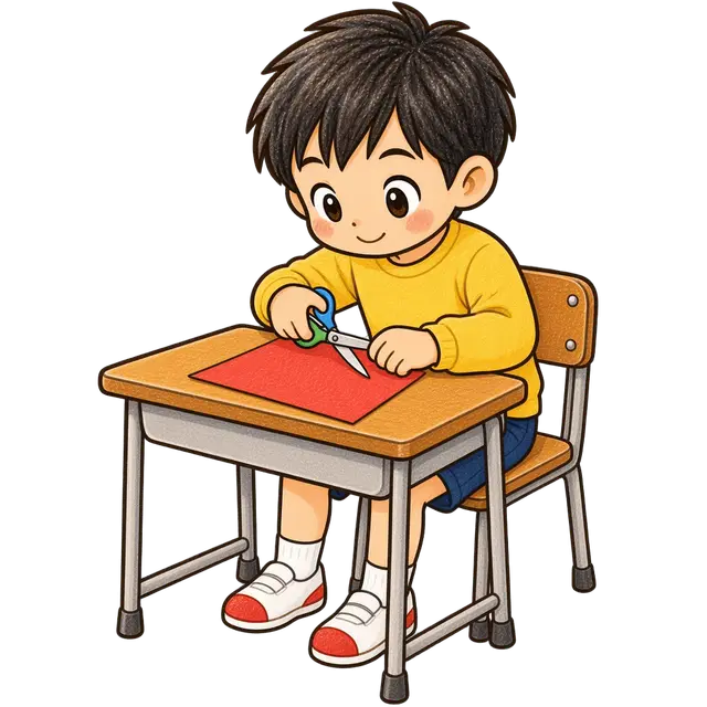 水彩のはさみで工作する男の子