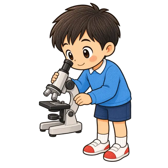 水彩の顕微鏡をのぞく男の子