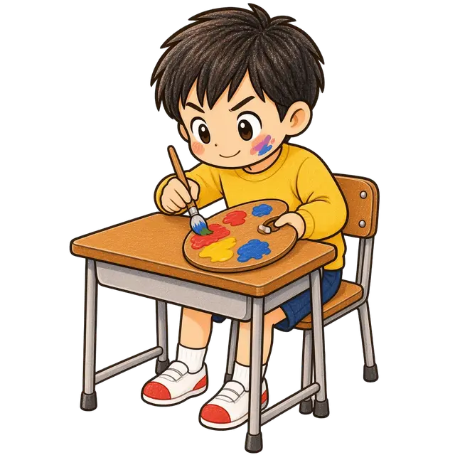 水彩の絵の具を混ぜる男の子