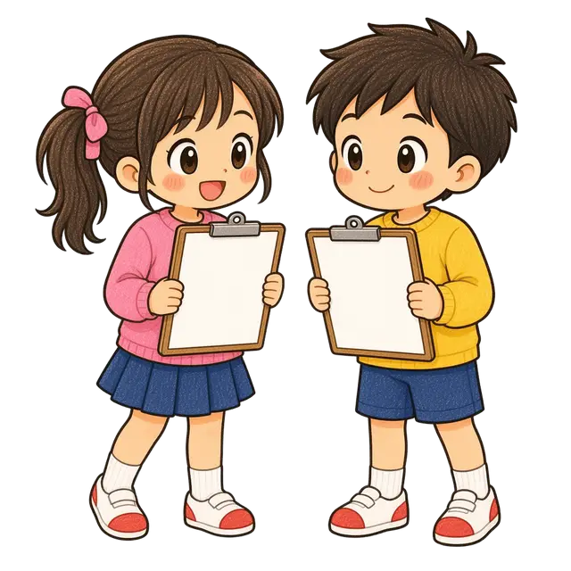 水彩の学校探検をする児童二人
