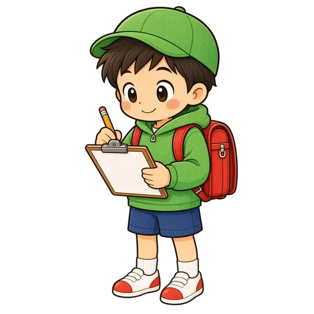 水彩の校外学習でメモを取る男の子
