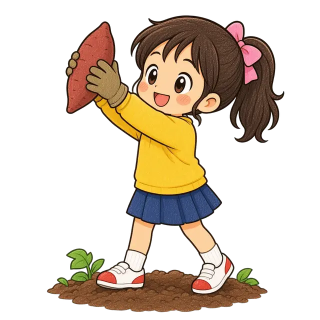 水彩のさつまいも掘りをする女の子