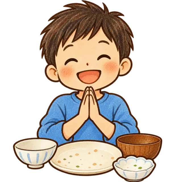 水彩のごちそうさまをする児童