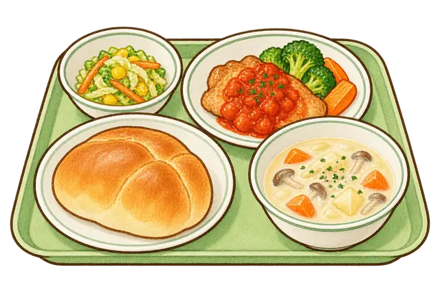 水彩の洋食の給食トレー
