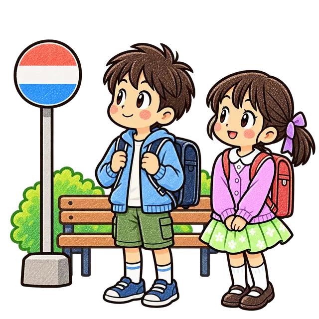 バス停で待つ児童の挿絵