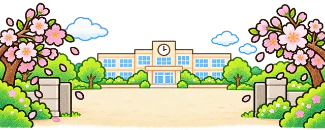 春の小学校校舎見出しの挿絵