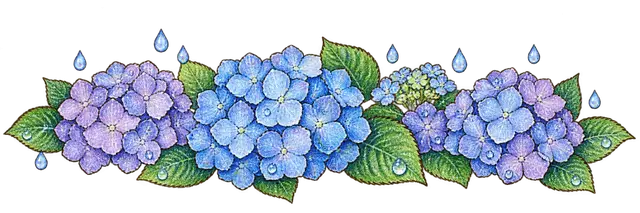 水彩のあじさいと雨粒