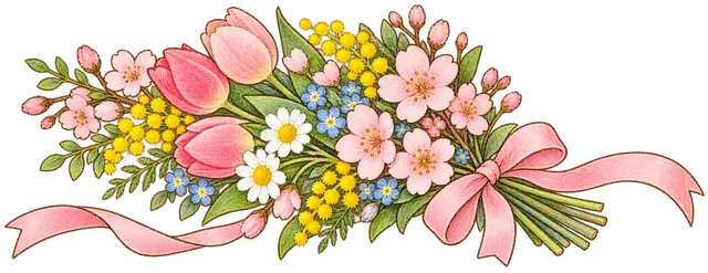 水彩の卒業の花束とリボン